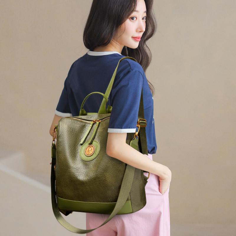 Women PU Leather Backpack Multifunctional Vintage Badge Shoulder Bag Large Capacity Anti‑theft Travel Crossbody Bag Casual Ladies Handbag For Daily