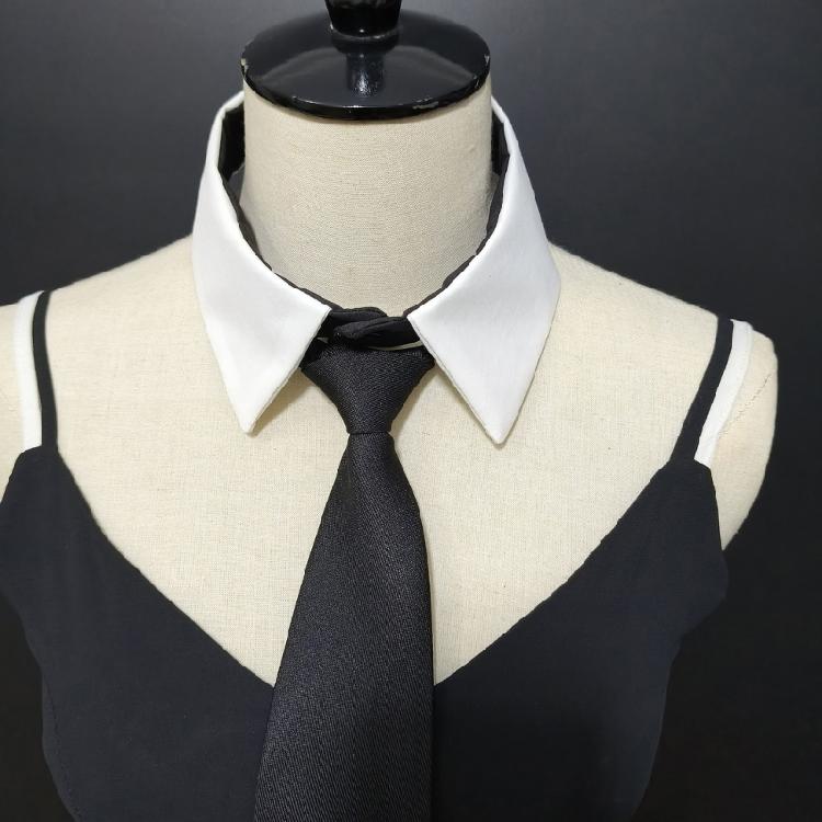 Womens Preppy Student Lapel False Collar with Black Necktie Front Elegant School Uniform Blouse Choker Neckwear Acessory