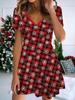 Fashion Women's V Neck Short Sleeve Christmas Snowman Printed  Dress Sex Short Skirt Dresses