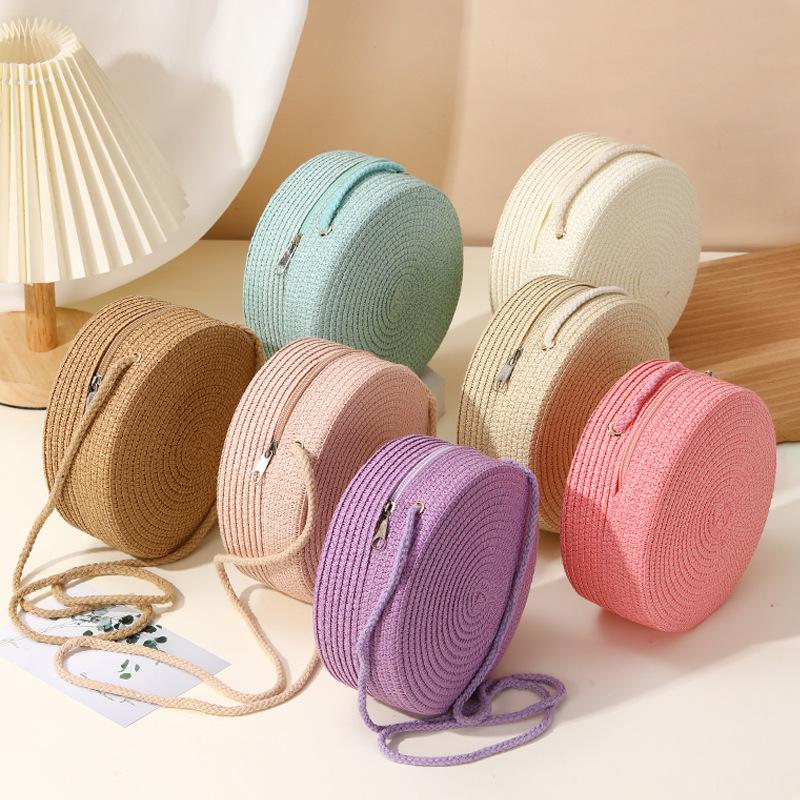 Straw bag seaside woven bag women's new light luxury straw woven round bag children's messenger bag beach vacation