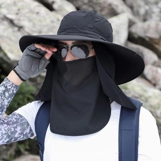 Outdoor Sunscreen Hat with Face Neck Cover And with Lace-Up Design Hollow Mesh Large Brim Anti-UV Sunlight Protection Outdoor Fishing Travel Cap