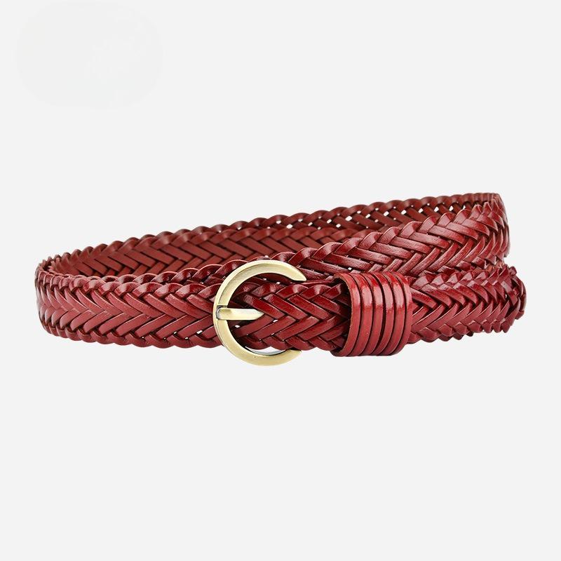 Women's Hand-woven Thin Belt Round Alloy Buckle Dress Belt Trendy Decorative Belt Women