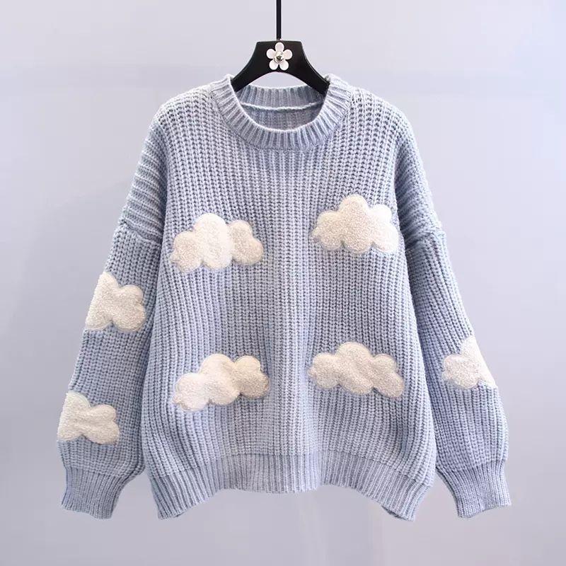 Dámský bílý svetr s oblačným vzorem Japonský roztomilý pletený svetr s kulatým výstřihem Podzimní volný všestranný dámský pulovr