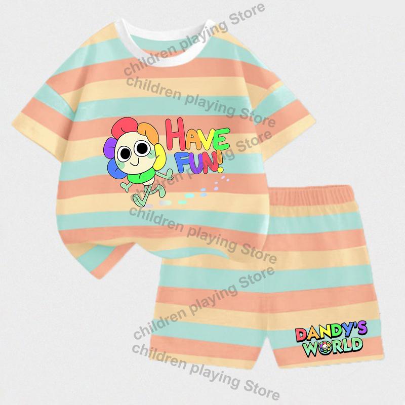 Dandys World Dziecięce Zestawy w Paski Lato Dziewczynki Chłopcy T-Shirt Szorty Garnitury Nadruk Kawaii Casualowa Odzież Sportowa Dziecięca Bielizna Nocna Prezenty