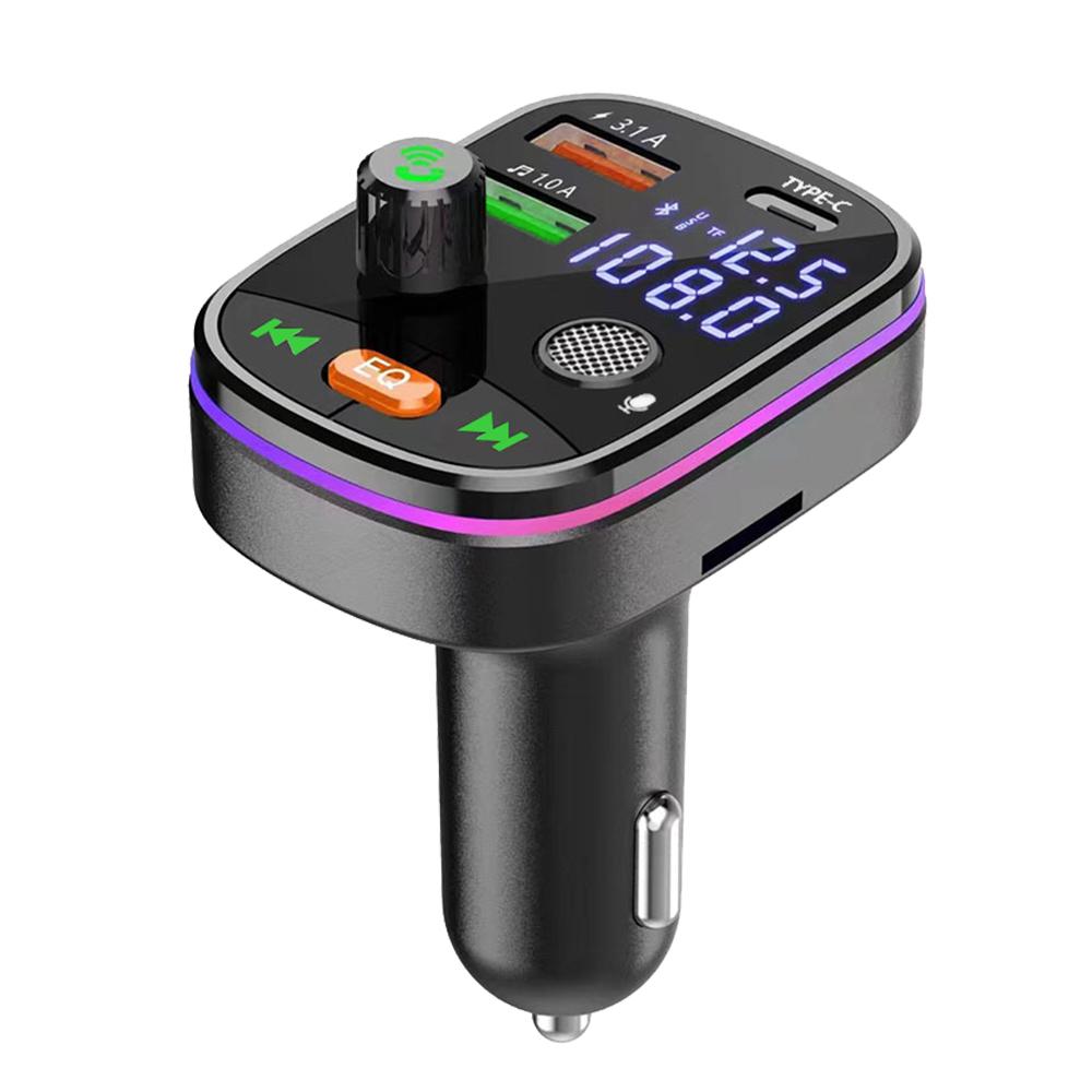 2 In 1 Bluetooth 5.0 Car FM Transmitter Dual USB 3.1A+Type-C Car Charger Fast Charging Ambient Light Handsfree Car Kit Mp3 Player Support TF Card
