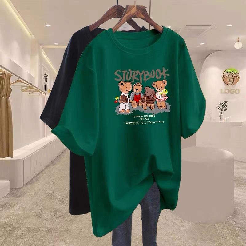 Brown Pure Cotton with Long Cartoon Short-sleeved T-shirt for Women's 2025 Early Spring New Large-size Loose Top
