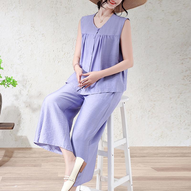 Women's Plus Size 2-Piece Set, Linen-cotton Sleeveless Button Top & Wide Leg Pants (XL-7XL)