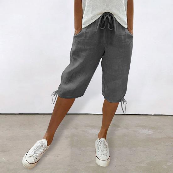 Women Shorts Elastic Mid-Waist Adjustable Drawstring Yoga Running Shorts with Pockets Solid Color Loose Fit