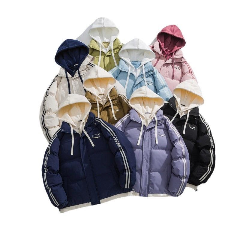 New couple loose hooded cotton-padded jacket, winter black fake two-piece thickened warm cotton-padded jacket