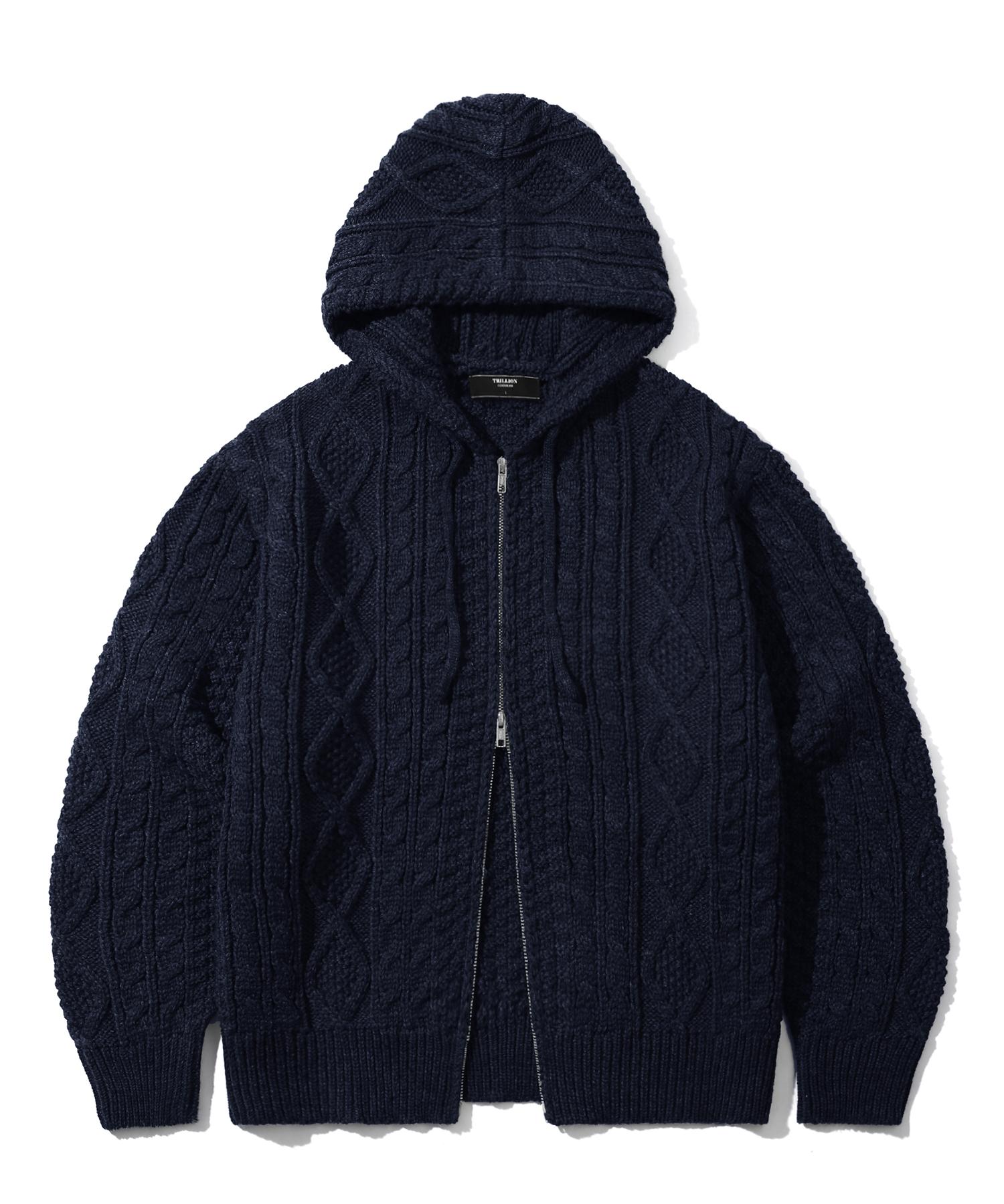 TRILLION Washable Aran Cable Hooded Zip-Up