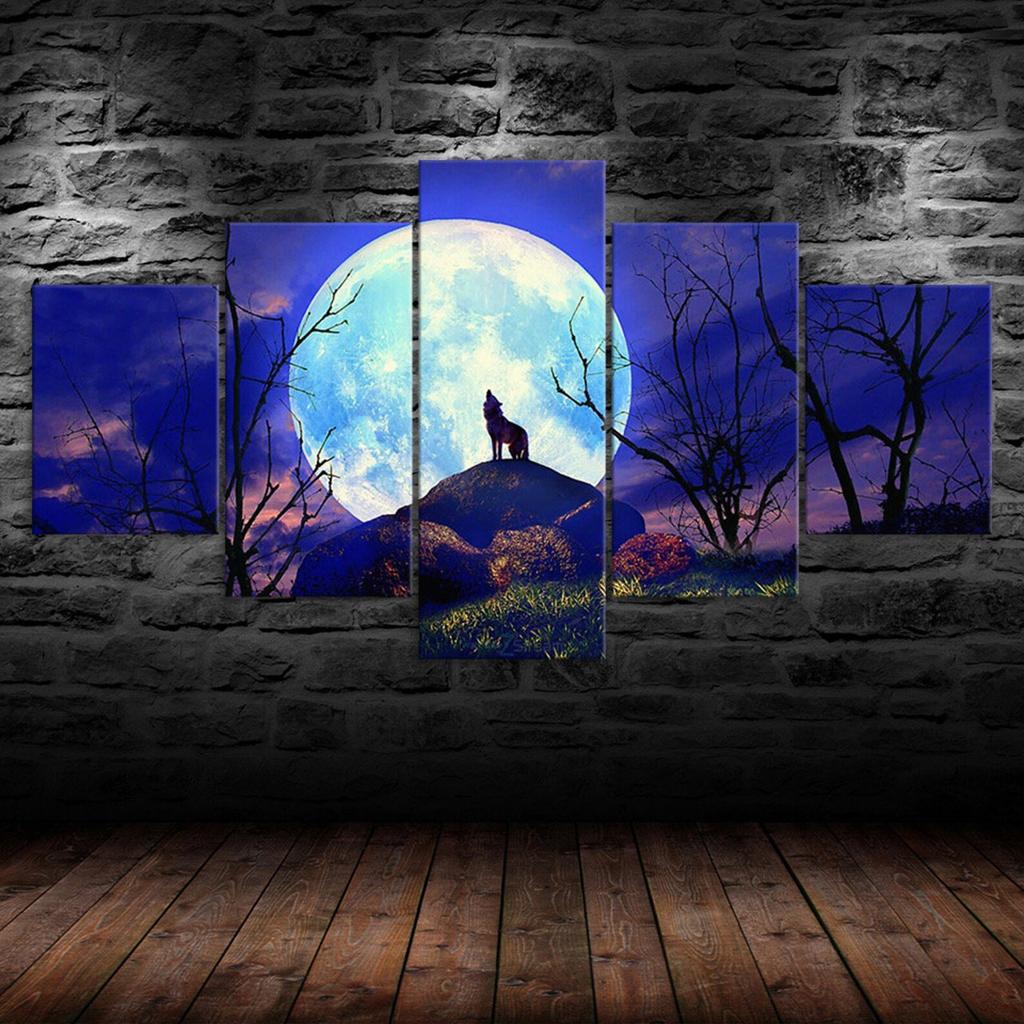 Full Moon Night Forest Animal Wolf 5 Piece Five Panel Wall Canvas Print Modern Poster Pictures Home Decor Gift For Him For Her
