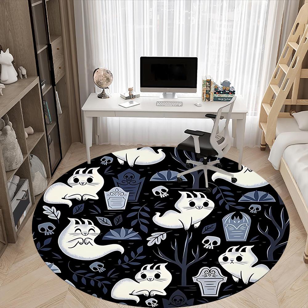 1PC Ghost Cats Office Round Area Rug, Mat Suitable For Office, Under Office Chairs Bedroom Living Room Home Decor, Room Deco