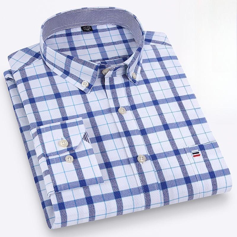 Men's Oxford Long Sleeve Square Collar Soild Plaid Striped Summer Casual Shirts Single Pocket  Shirt