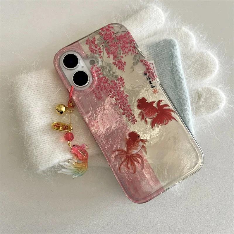 With Koi Pendant For Samsung Galaxy S25 Ultra S24 S23 S22 Plus Vortex Pattern Painted Calligraphy Flower Branch Koi Phone Case