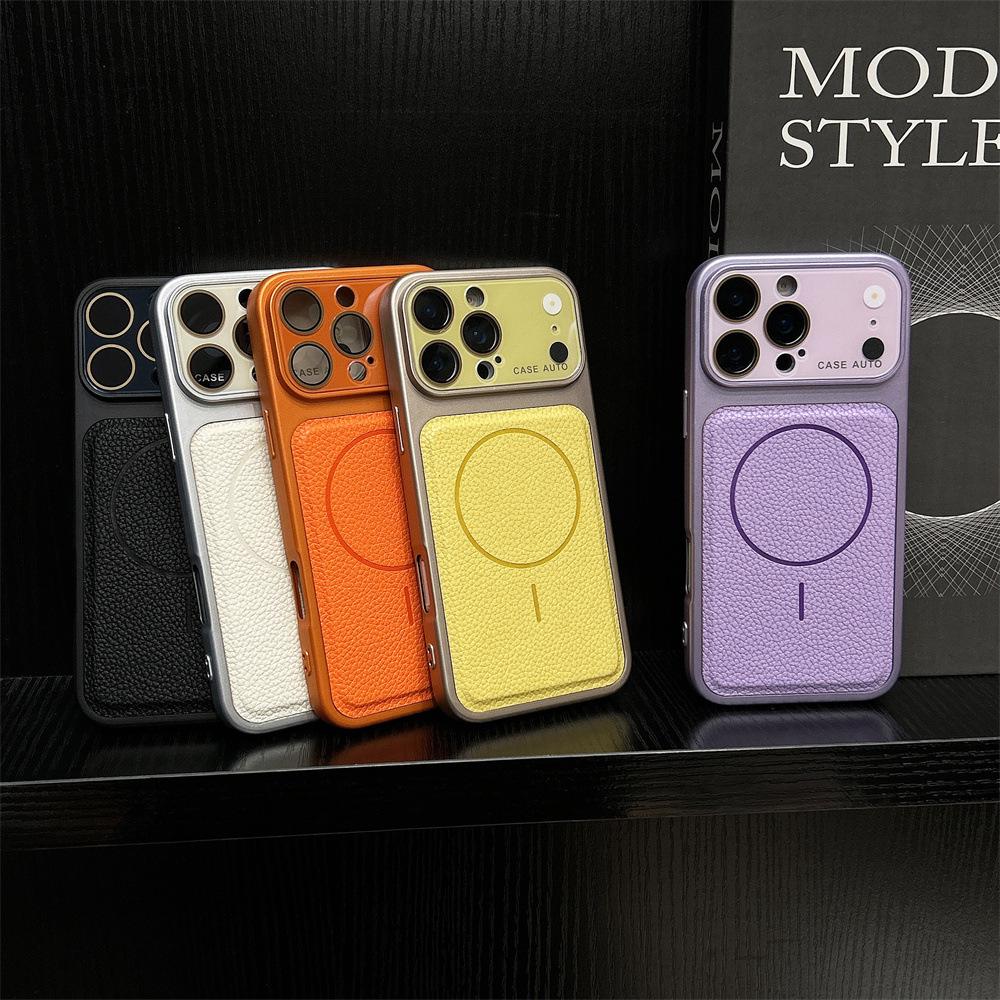 Lychee Pattern Magnetic Snap iPhone16/17Pro Case with Large Lens Protector