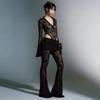 2024 European & American Lace Patchwork Deep V Top & Sheer Flared Pants Women's Set
