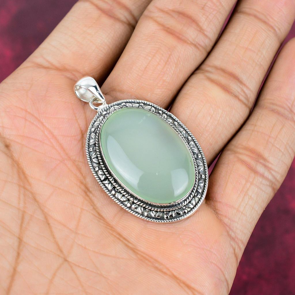 Aqua Chalcedony Handmade Gemstone Jewelry, 925 Solid Sterling Silver Pendant Unique Design Jewelry, For Women