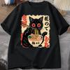 Vintage Japanese Black Cat Ramen T Shirts Cute Graphic Tee Funny Cat Eating Ramen T-Shirt Printing Cotton Short Sleeves Tops