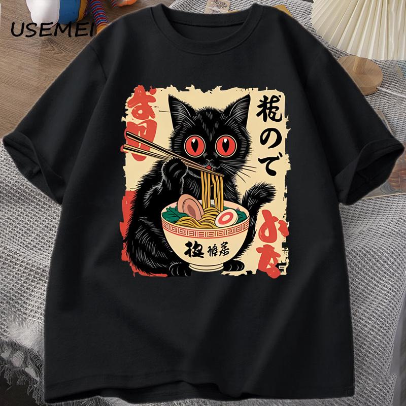 Vintage Japanese Black Cat Ramen T Shirts Cute Graphic Tee Funny Cat Eating Ramen T-Shirt Printing Cotton Short Sleeves Tops XXXL