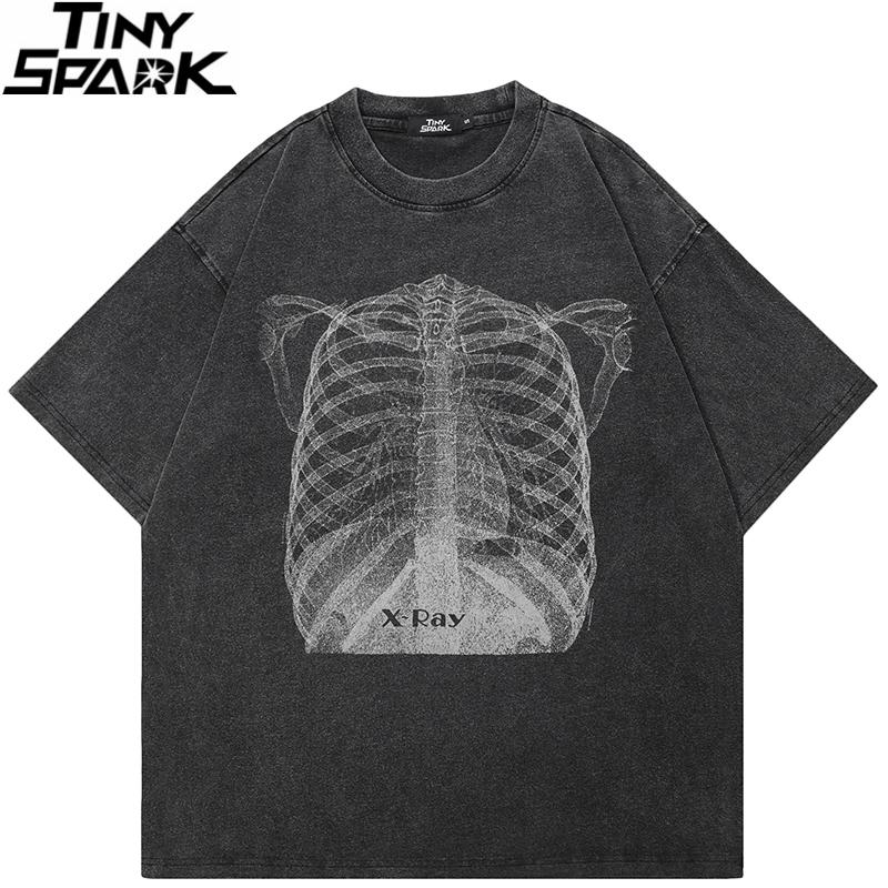 Hip Hop Washed Black TShirt Streetwear XRay Skeleton Graphic T Shirt Hipster Men Tshirt Cotton Unisex Tops Tees Dope