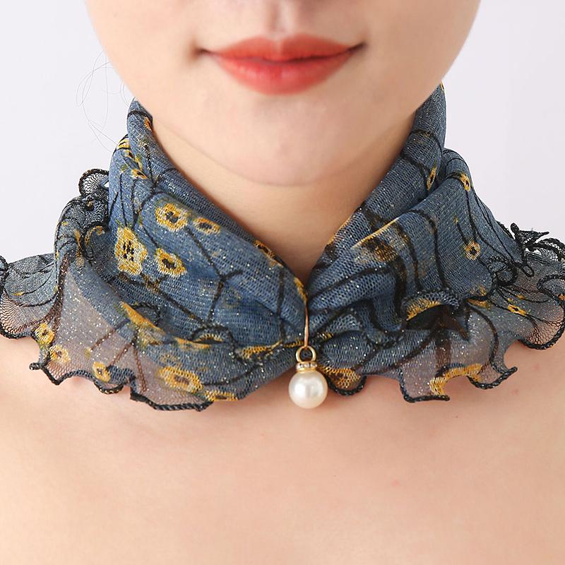 Fashion Printed Gauze Scarf Pearl Pendant Scarf Spring Lightweight Muffler Women Decorative Small Silk Scarf Headband