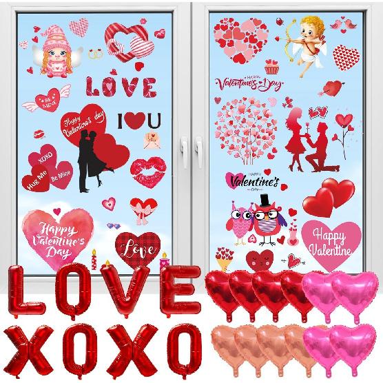 WOHOHOHO 181Pcs Valentines Day Window Clings Decorations, 10 Sheets Valentine's Day Window Stickers, LOVE & XOXO Banner, 12Pcs Heart-Shaped Balloons.