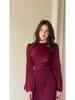 Elegant 2024 Solid Color Pleated Skirt Dress with Waist-Cinching and Hip-Hugging Fit, Long Sleeve European and American Style