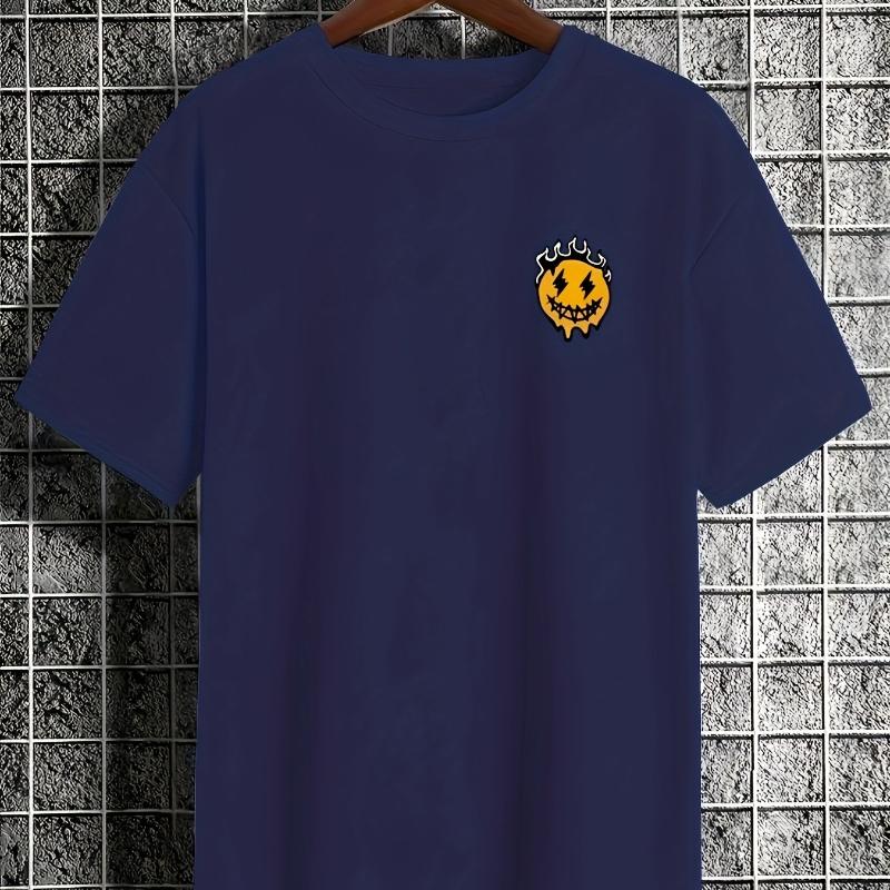 

Flame Smiley Face Graphic T-Shirt,Soft Breathable & Fade-Resistant, Classic Fit for Daily Casual Wear XXL темно-синього кольору
