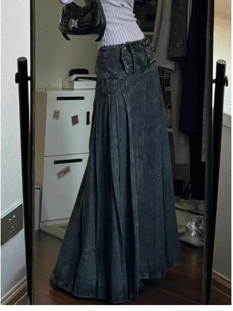 Damen A-Linien-Denim-Faltenrock Vintage 90er Jahre Ästhetik Y2k Langer Jeansrock Harajuku Koreanische Cowboyröcke Kleidung Sommer