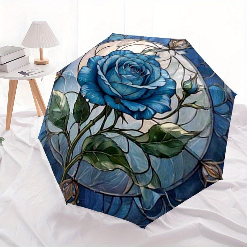 Blaue Rose Buntglas Wandkunst DekorationRegenschirm, Tragbarer 3-Fach-Regenschirm für Damen & Herren, Weihnachtsgeschenk ES237
