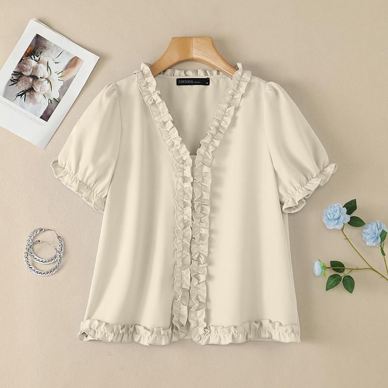 ZANZEA Blusa Casual da Donna con Scollo a V Tinta Unita Maniche Corte Larghe