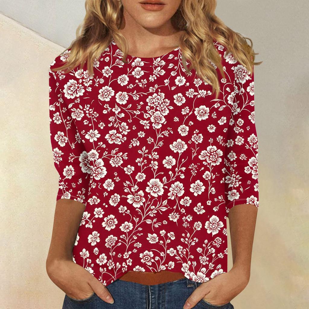 Women's Casual Floral Print Three Quarter Sleeve Top Round Neck Lightweight Comfortable Fit for Everyday Wear