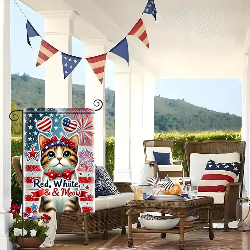 4th of July Patriotic Cat Garden Flags for Outside 12x18 Double Sided, Small Burlap Holiday Independence Day Memorial Day Ya