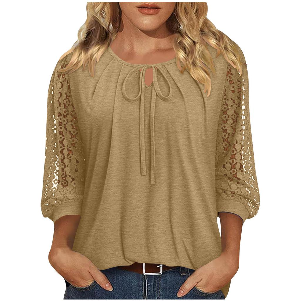 Women's Lace-Up Blouse, Loose Fit, Casual, Sheer Lace