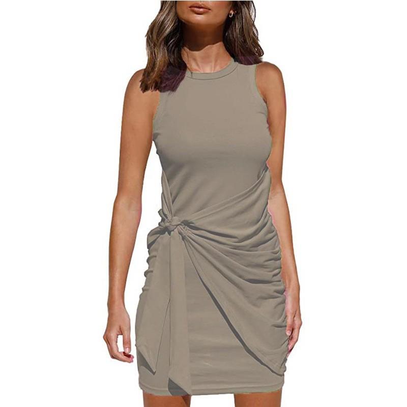 Damenmode, einfarbig, ärmellos, Rundhalsausschnitt, Schleife, unregelmäßiger Gürtel, Hüftwickelkleid