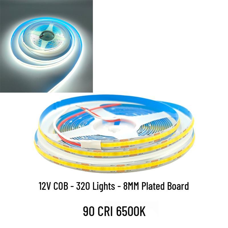 COB LED Strip Light 12V/24V, 320/480 LEDs, 8MM, 90 CRI, Self-Adhesive, Aluminum Channel.