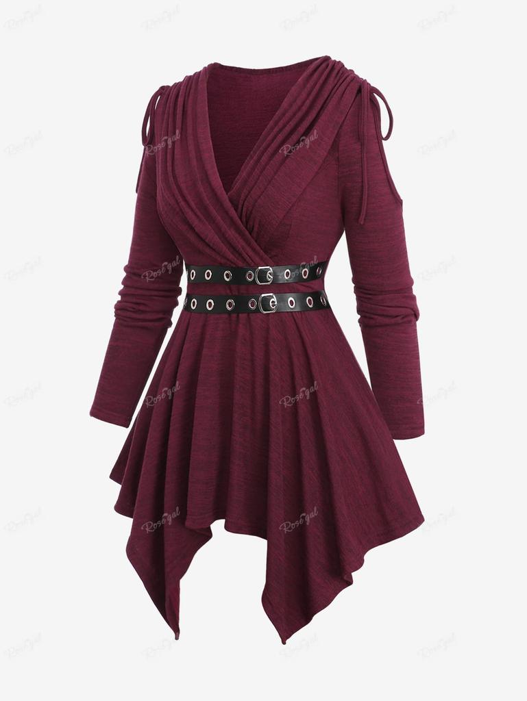 Rosegal Plus Size Buckle Grommets PU Leather Stripe Ruched Cinched Shoulder Surplice Asymmetrical Marled T-shirt