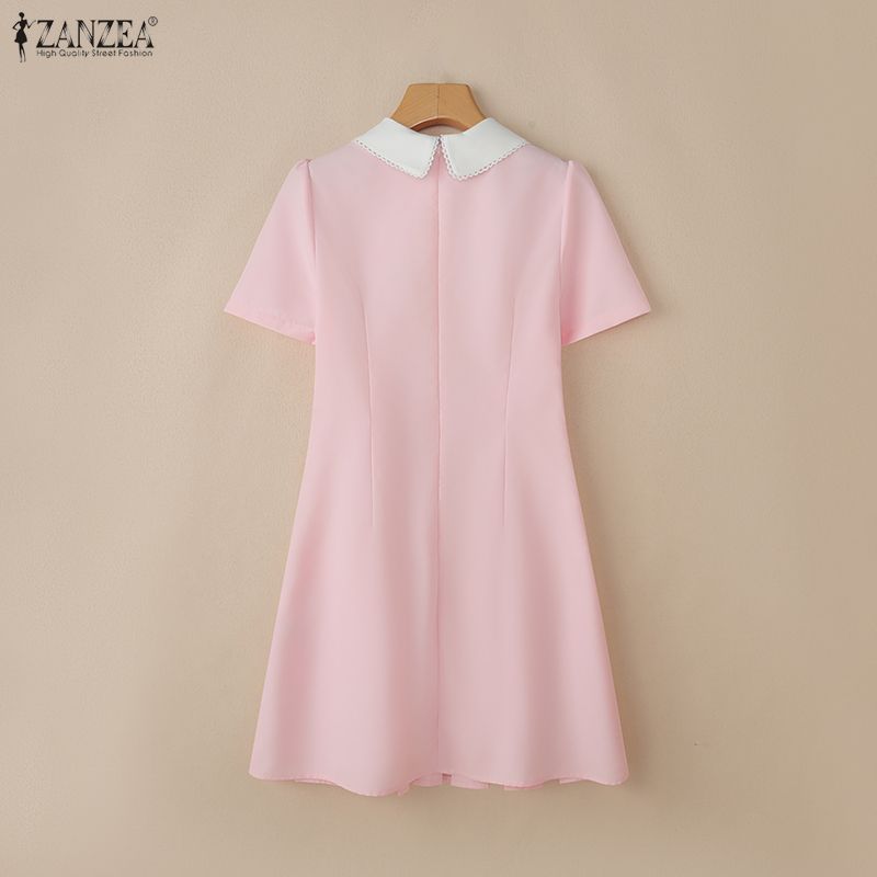 ZANZEA Damen Freizeitkleid mit Puppenkragen Sommer Kurzarm