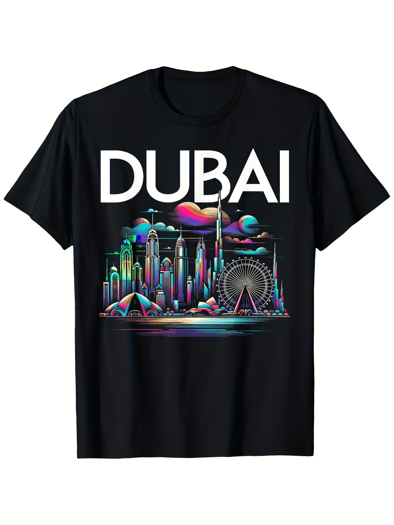 

Dubai Skyline GraphicBurj KhalifaFerris Wheel Designwith Neon Dubai design100 cotton Oneck printed mens Tshirt S