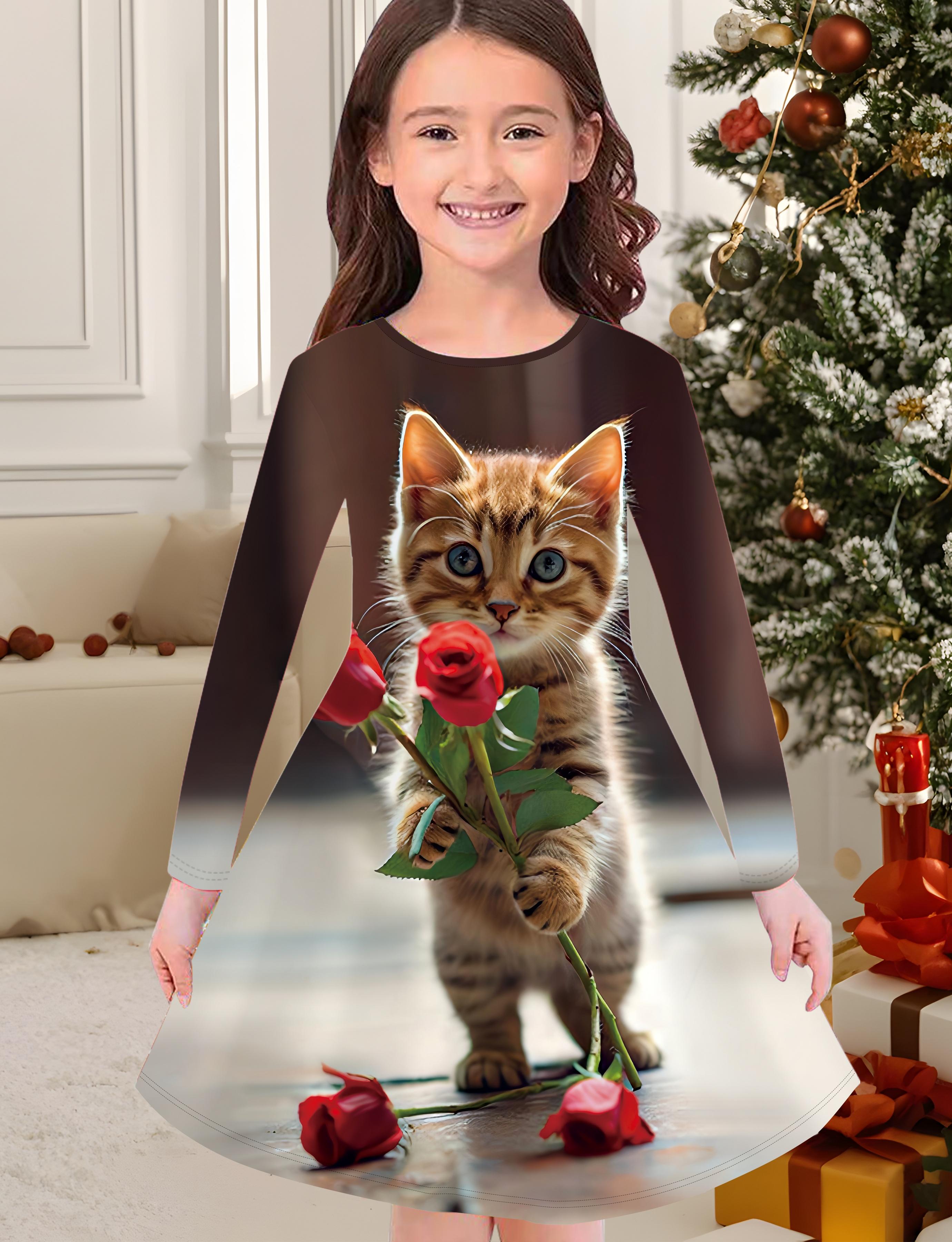 

Модное осенне-зимнее платье для девочек, с 3D принтом кошки, с круглым вырезом, длинное детское платье-футболка, повседневное, универсальное, рождественская одежда 170 коричневый