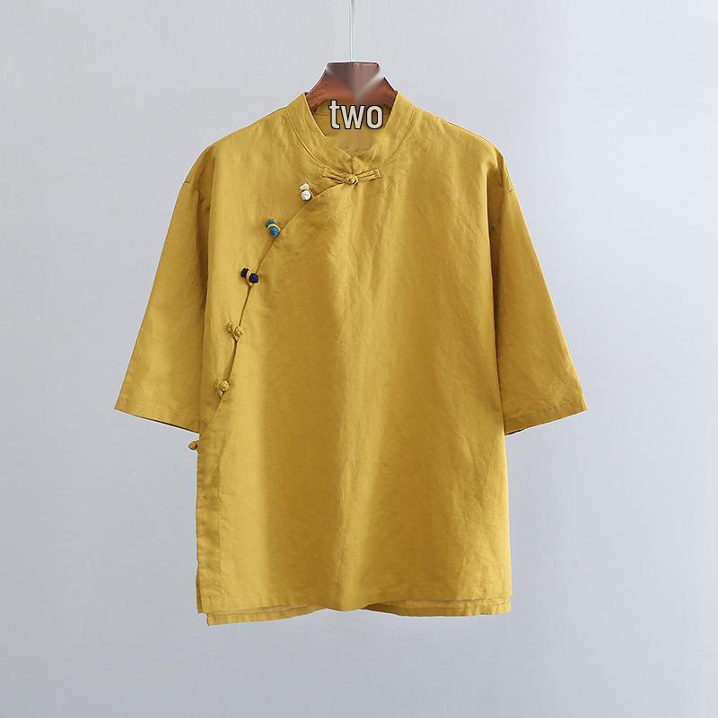 2025 Summer Women's Retro Cotton Linen Stand Collar Color Block Short Sleeve Top for Tea Ceremonies