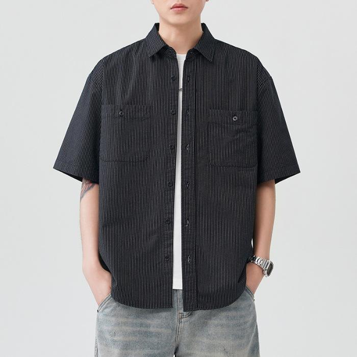 

Летняя полосатая футболка с коротким рукавом из чистого хлопка, мужская японская ретро свободная американская трендовая рубашка 4XL чёрный