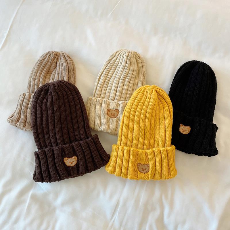Cute Bear Baby Beanie Korean Toddler Knitted Hat Solid Color Winter Warm Woolen Crochet Bonnet 5-36 Months Boy Girl Skullies Cap