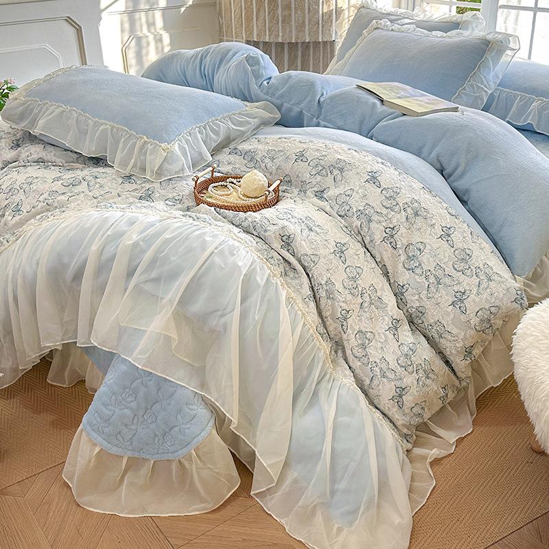 French Princess Wind Milk Fleece 4Pcs Set Winter Thickened Coral Fleece Cut Flower Bed Cover Quilt Cover 4