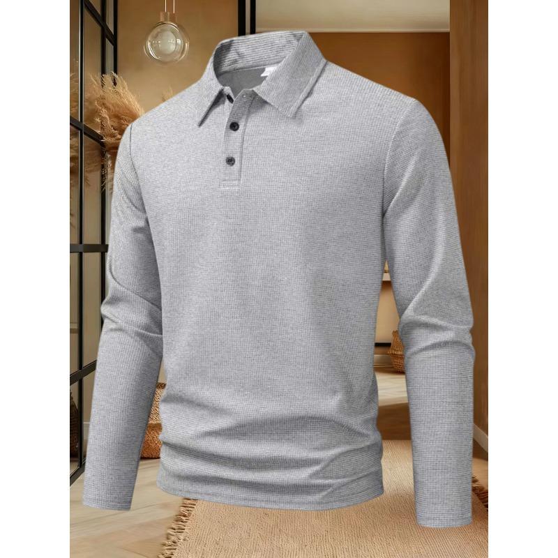 2025 European and American Men's Spring and Autumn Solid Color Collar Pure Cotton 5-Color Long Sleeve Collar Loose Casual Collar T-shirt