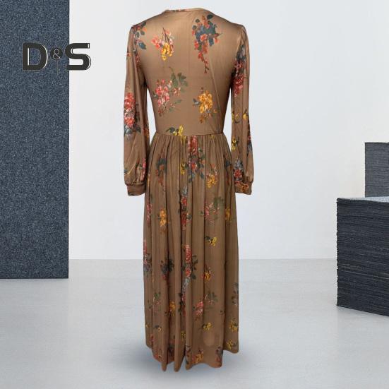 Spring Fall Dress V Neck Digital Floral Print Pleated A-line Maxi Dress Long Sleeves Beach Dress for Party Travel