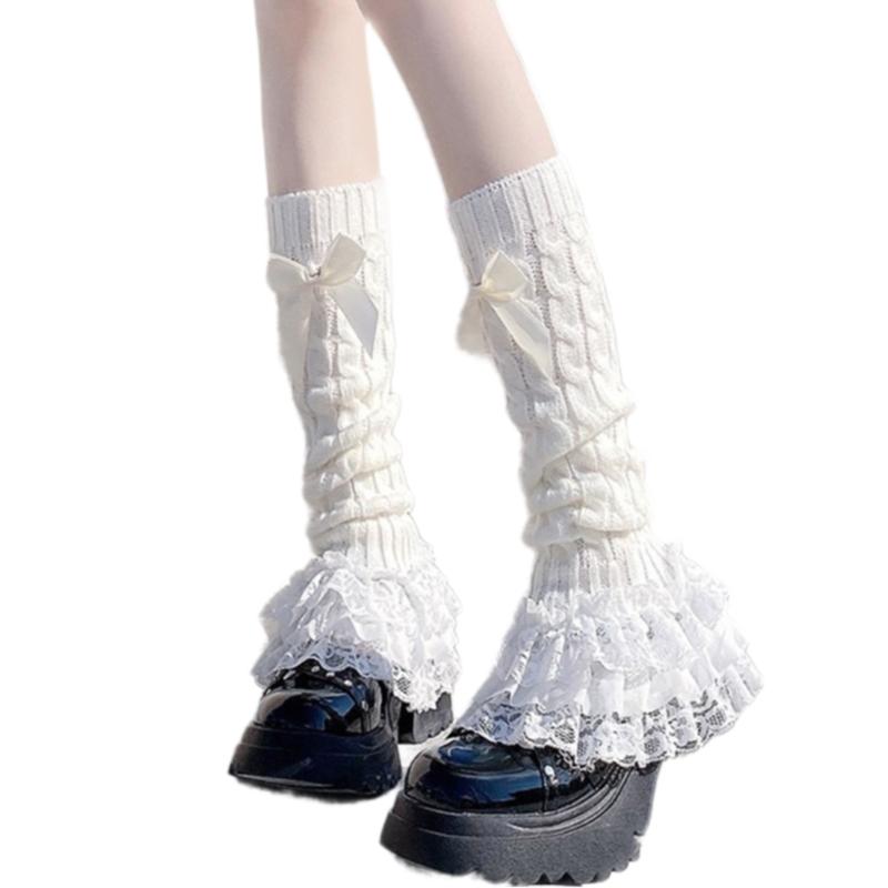 Cable Knit Leg Warmers Boot Cuffs with Bowknot Decorated Sweet Tiered Ruffled Lace Trim Leg Covers Calf Socks for Women