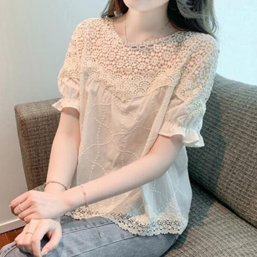 Navava Women Romantic Lace Round Neck Short Sleeve Blouse Nb2572