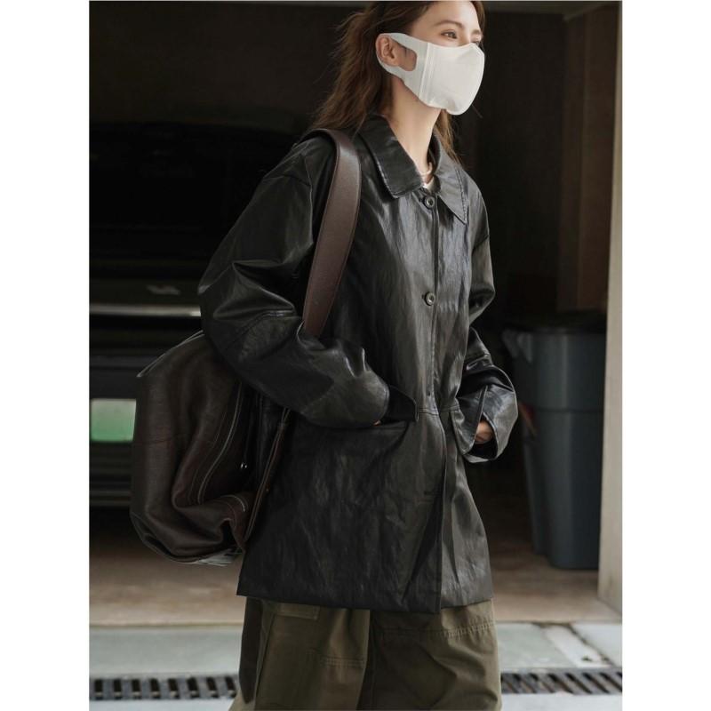 Johnature Korean-style Trendy PU Leather Jacket Loose Coat Winter Casual Versatile Lapel Coat For Women