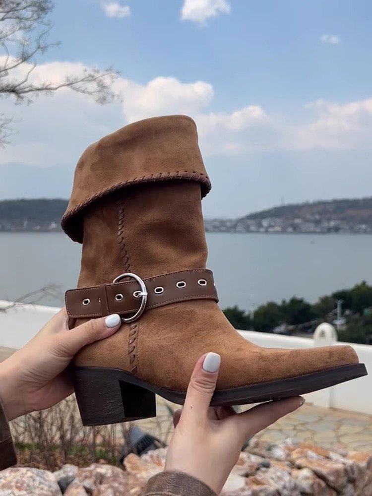 Pile Up Boots New 2026 Winter Maillard Western Cowboy Boots Thick Heel Pointed Short Boots for Women